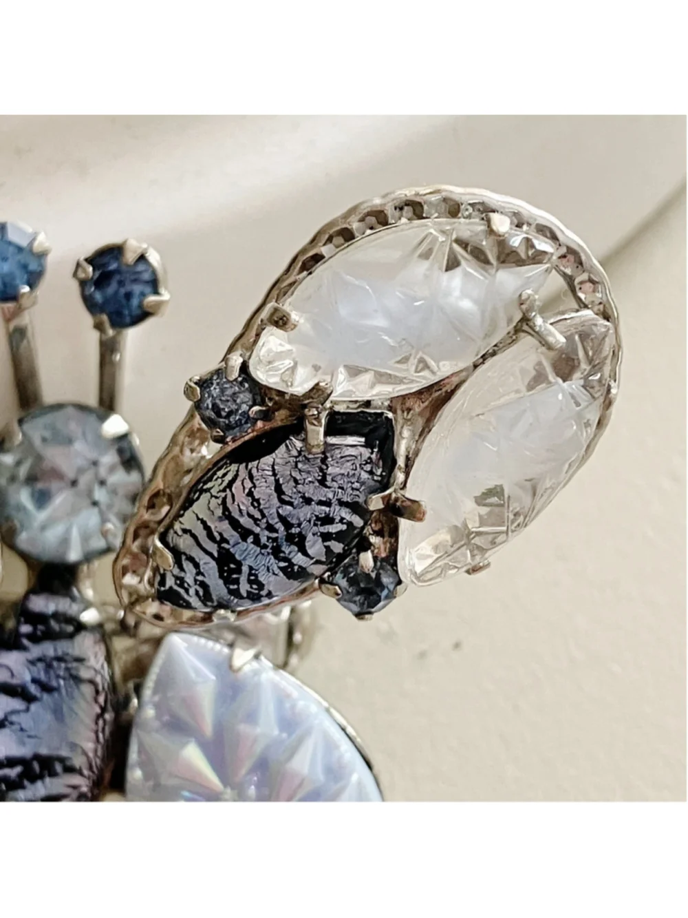 Vintage Butterfly Trembler Brooch Silver Filigree Foil Glass Stones Molded Art